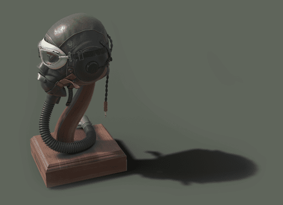 A model of a WWII leather flight helmet with googles and an oxygen mask displayed on a stand with shadows cast on the base and ground.